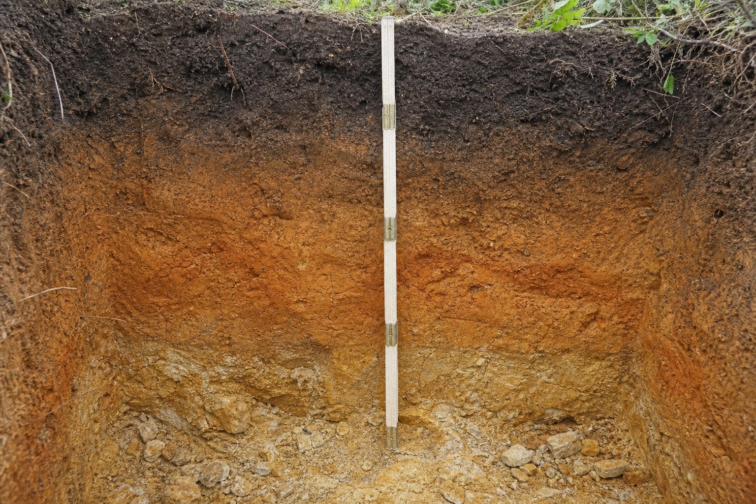 Soil profile visible in a freshly dug test pit, from topsoil through clay to weathered rock